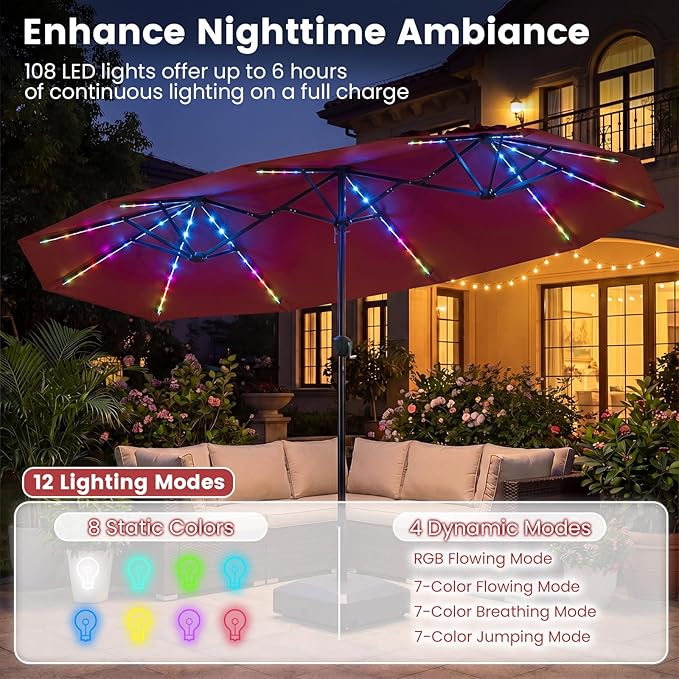 Tangkula 13 Ft Solar Patio Umbrella, Double-Sided Extra Large Outdoor Market Table Umbrella with Multi-Colored Flowing LED Lights, Crank Handle, 12 Sturdy Ribs for Poolside, Garden & Backyard (Wine)