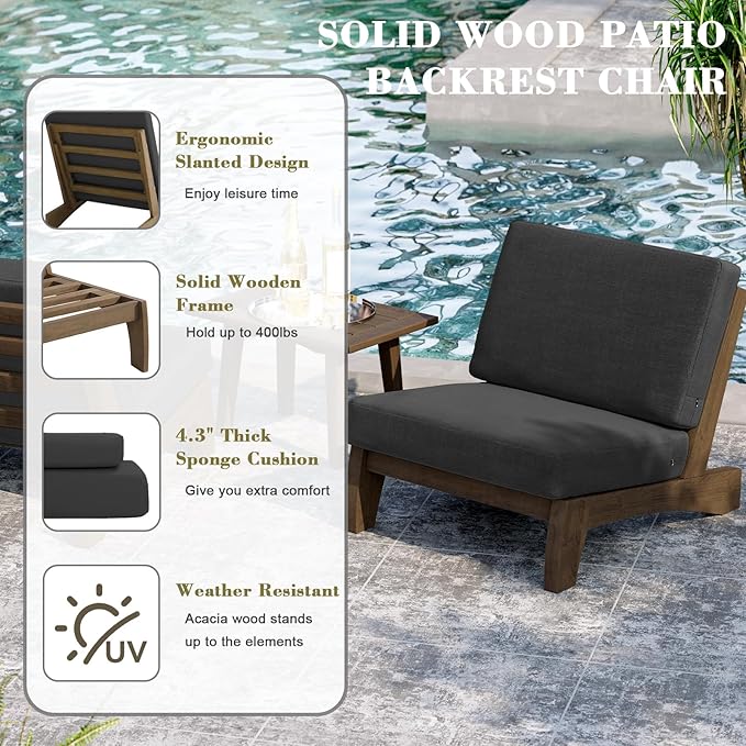 UIXE Wood Patio Furniture Sets, 4 Pieces All Weather Outdoor Sectional Futniture Patio Sofa Chair Backyard Conversation Set with Solid Wooden Coffee Table - Dark Gray