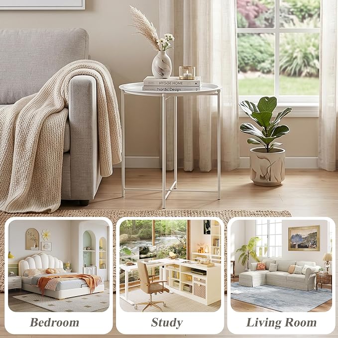 VECELO Side/End Table, Folding Round Metal Anti-Rust and Waterproof Outdoor or Indoor Tray for Living Room Bedroom Balcony and Office, 1 PCS, Beige