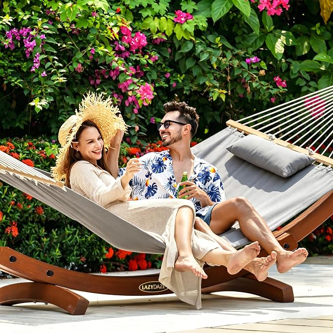Lazy Daze Hammocks Sunbrella Fabric Hammock with 13FT Wood Arc Stand, 2 Person Outdoor Hammock Combo with Free Pillow, All Weather & Fade Resistant, for Indoor Patio Yard, 450 lbs Capacity, Cast Slate