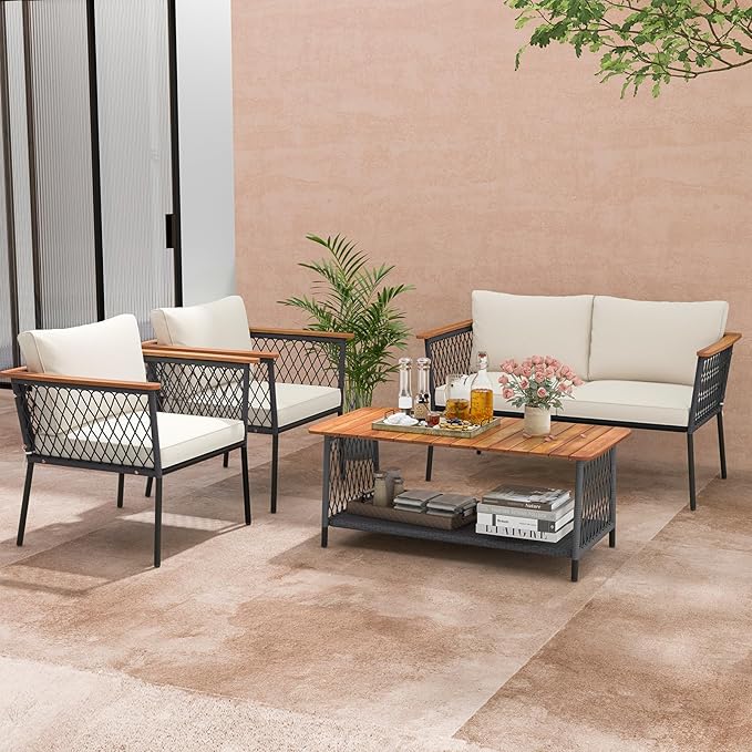 Tangkula 4 Piece Patio Furniture Set, Patiojoy Rattan Chair Set w/ 2-Tier Coffee Table, Acacia Wood Armrests & Tabletop, Soft Seat & Back Cushions, Outdoor Wicker Conversation Set