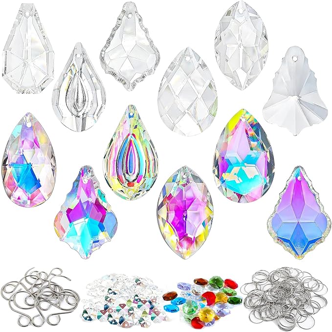 212pcs Sun Catcher Crystal Making Kit for Adults Prism Crystals Lamps Decor | K9 crystal prism suncatcher, rainbow maker for window & home, 12 hanging prisms set, shiny decor pendants chandelier part