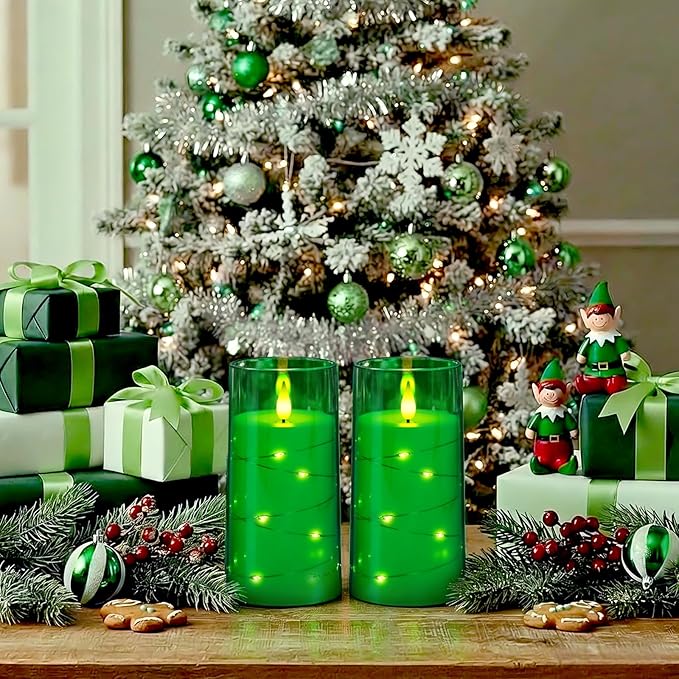 Homemory St. Patrick's Day Flameless Candles with Embedded Star String Fairy Lights, Green Battery Operated Candles, LED Candle, Fake Candles with Remote Control and Timer, Set of 2(H 6" 6")