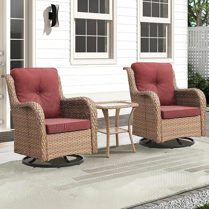 Outdoor Swivel Rocker Patio Chairs-Wicker Patio Swivel Chairs Set of 2 with Side Table PE Rattan Patio Furniture Set for Porch Deck Balcony Garden-Yellow/Red