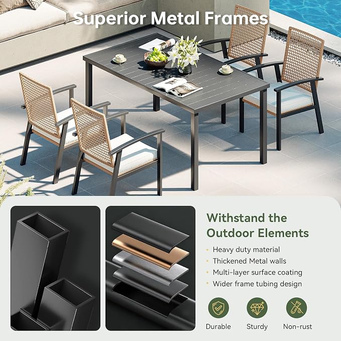 Aoxun 5-Piece Patio Table and Chairs Set for 4 with Umbrella Hole, Outdoor Dining Set with 6 Wicker Chairs and 1 Rectangular Metal Table, Patio Dining Sets with Soft Cushion for Backyard, Garden