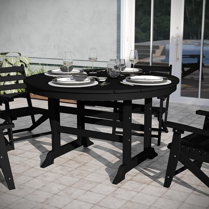 EMMA + OLIVER Elyria Outdoor Dining Table for 4, Adirondack Style Recycled HDPE All-Weather Table, UV Fade and Weather Resistant, 48" Round, Black