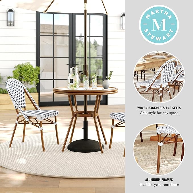 Martha Stewart Lily Pond 31” Round Indoor-Outdoor Bistro Dining Table with Aluminum Frame in Gray Woodgrain and Rattan Top in White/Gray with Tempered Glass Top