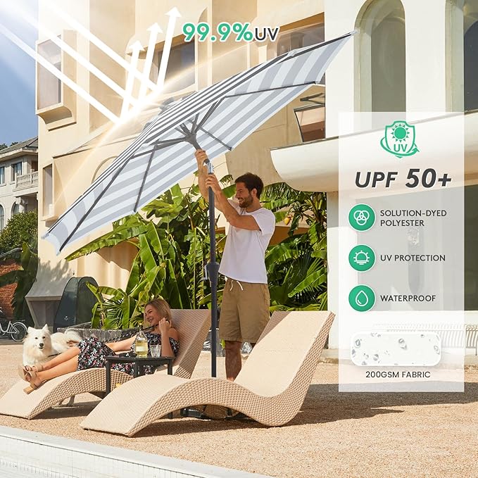 JEAREY 9FT Outdoor Patio Umbrella with Solar Lights, LED Lighted Pool Umbrella with Tilt and Crank, Outdoor Table Umbrellas for Deck, Yard & Market (Black & White Stripe)