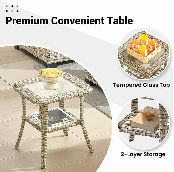 ovios Outdoor Side Table with Tempered Glass Top, Patio Wicker Rattan 2-Tier Storage Coffee End Tables for Porch Deck Balcony Garden Poolside (Mixed Brown-Small Size)