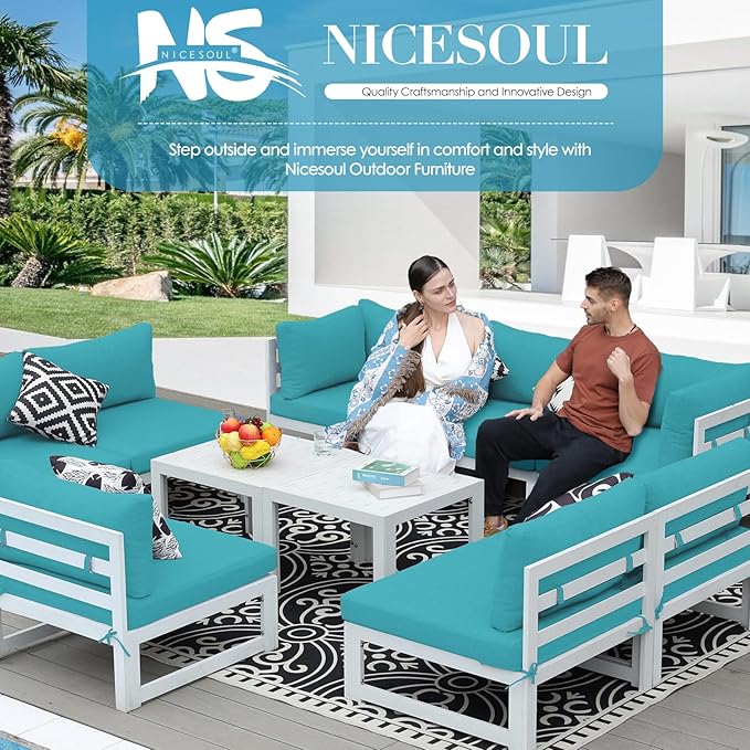NICESOUL 8 Piece Oversized Modular Aluminum Outdoor Furniture Set with Coffee Table, 29" Deep and Wide Sectional Seating, 500 lbs High Weight Capacity Patio Conversation Set for Garden Deck, Turquoise