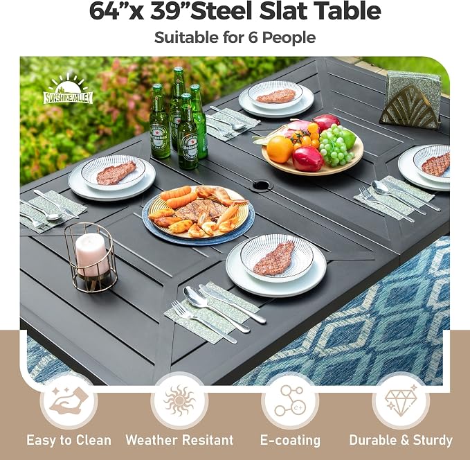 SUNSHINE VALLEY 7 Pcs Patio Dining Set for 6, Rectangular Metal Dining Table with Umbrella Hole and 6 Chairs, Outdoor Table and Chairs Set for Lawn Garden Backyard and Deck, Blue