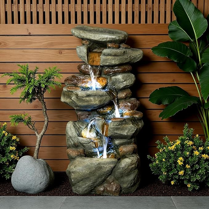 Outdoor Water Fountain with LED Lights 30 Inch Cascading Stone Waterfall Fountain for Garden Patio Backyard Deck Porch Resin Freestanding Outdoor Water Feature Yard Décor