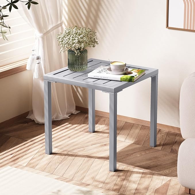 Crestlive Products Aluminum Outdoor Side Table, Pool Lounge Chair Side Table, Weather Resistant Small Square Coffee End Table for Patio, Yard, Garden, Porch, Deck, Indoor, Outdoor (Light Gray)
