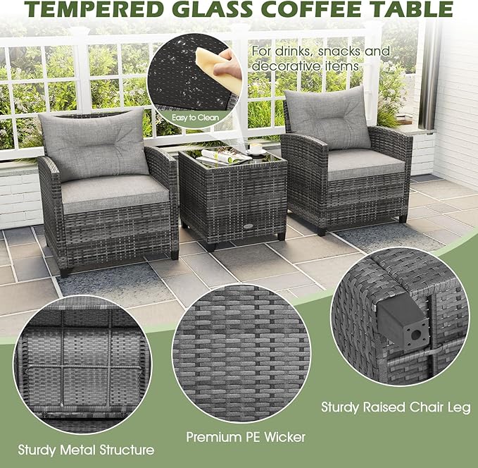 ORALNER Patio Furniture Set, 3 Pieces Outdoor Wicker Conversation Set, Rattan Chairs with Soft Cushions, Glass Coffee Table, Patio Bistro Set for Balcony Garden Deck Front Porch Poolside (Gray)