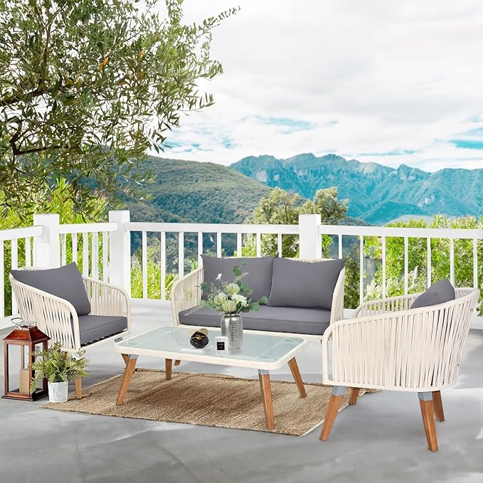 VINGLI 4 Pieces Outdoor Patio Furniture Set, Wicker Conversation Sofa Sets for Balcony, Porch or Backyard