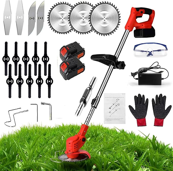 Weed Wacker,21V 2Ah Battery Powered String Trimmer with 2 Batteries and 3 Types Blades,Lightweight and PowerfulBattery poweredfor Yard and Garden (red)