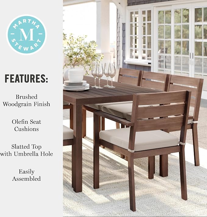 Martha Stewart Bedford 71" Indoor-Outdoor Aluminum Patio Table with Umbrella Hole and Brushed Woodgrain Finish in Gray