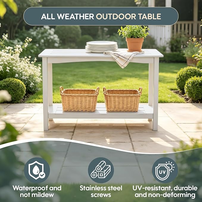 Weatherproof HIPS Outdoor Console Table, 48'' 2-Shelf Side Table Indoor/Outdoor Use, Multifunctional Buffet Table Bar Storage Organizer for Entryway, Patio, Outside Plant Stand Table, White