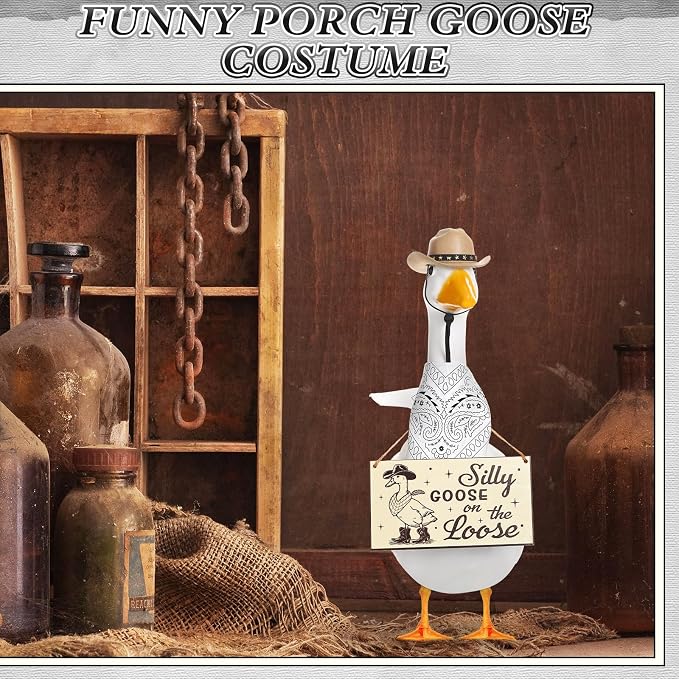 Funny Porch Goose Outfit Decoration Set Silly Goose on The Loose Hangings Sign Cowboy with Outfit Cowboy Hat Bandana for 23" Cement/Plastic Outdoor Statue Patio Yard Lawn Art(White,Khaki)