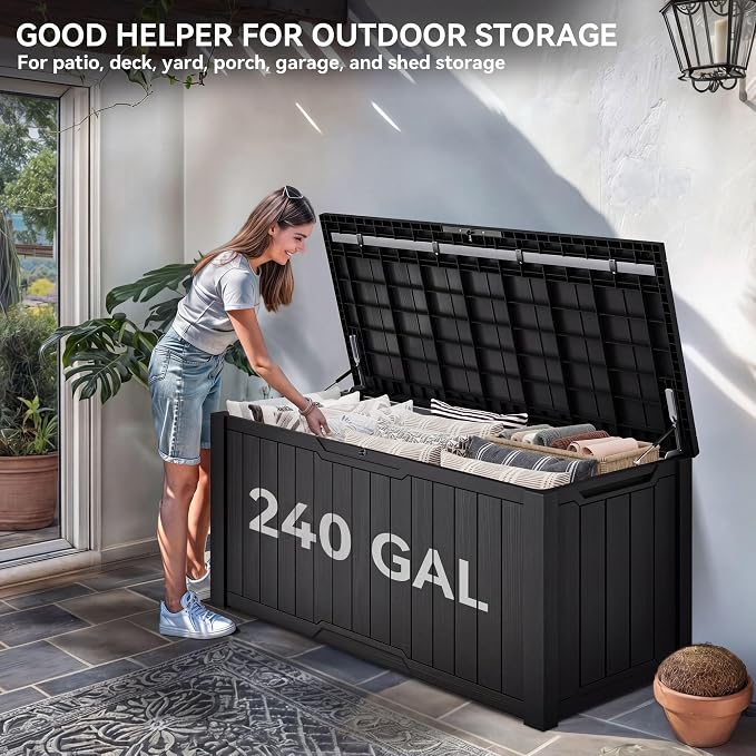 YITAHOME 240 Gallon Extra Large Outdoor Storage Deck Box, XXL Waterproof Resin Patio Storage w/Lockable Lid for Outdoor Cushions, Garden Tools and Sports/Pools Equipment, Dark Gray