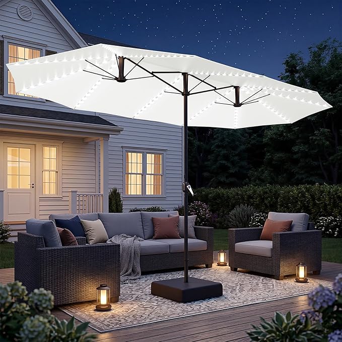 AECOJOY 15ft Double-Sided Patio Umbrella with Solar Lights, Outdoor Rectangle Market Large Patio Umbrella with Base Include|Crank Handle|156 PCS LED Lights for Garden Deck Pool in Beige(1.9" Pole)