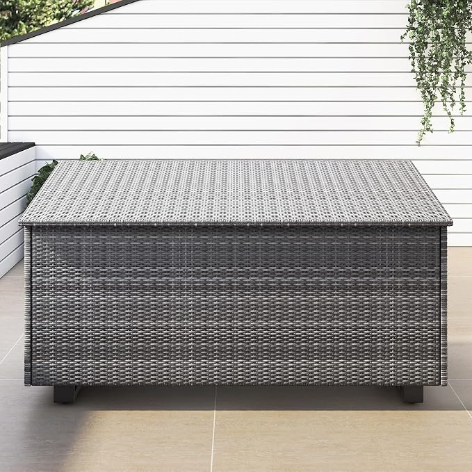 Lepus Large Outdoor Waterfroof Deck Box, 210 Gallon Rattan Deck Storage Box with Built-in Waterproof Bag for Seat Cushion on Patio Garden, Poolside (210, Dark Grey)