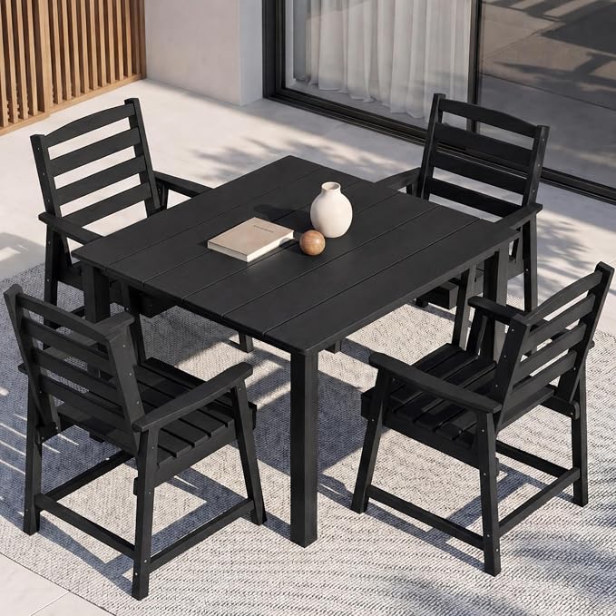 HDPE Outdoor Dining Set for 4, Armchairs, Black | All-Weather HDPE, Wood Grain Finish, 42.5" Square Table, Built-In Umbrella Hole, Seats 4, Patio & Poolside Ready