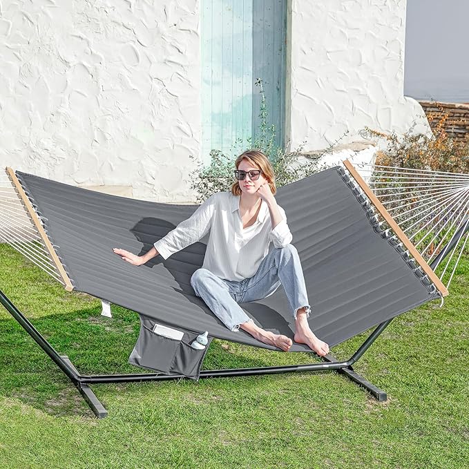 2 Person Hammock with Stand for Outside, Heavy Duty Steel Stand, 55inch Double Hammocks, Large Removable Pillow, Storage Bags, Max 475 lbs Capacity (Haze Gray)