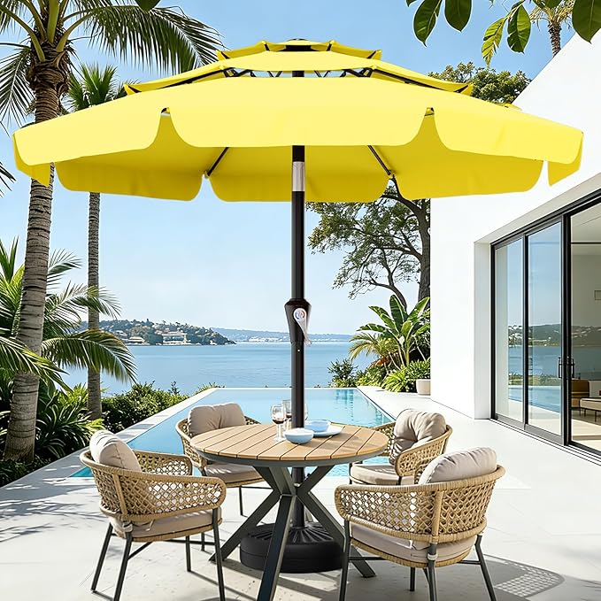 AreShark 9FT 3-Tiers Patio Umbrella with Valance, Outdoor Umbrellas with Crank/Tilt, Table Market Umbrella Vented w/ 8 Sturdy Ribs for Garden, Deck, Backyard, and Pool, Yellow