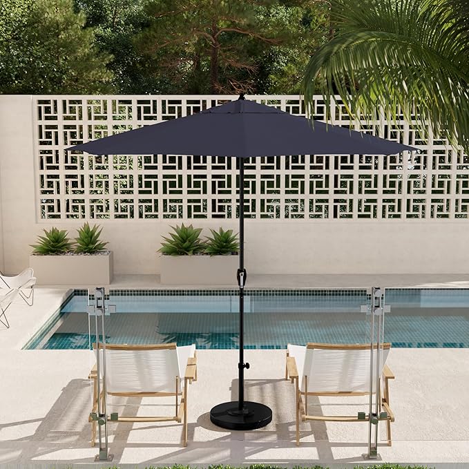 California Umbrella 12-Year Protection 9' Rd Aluminum Patio Umbrella, Crank Lift, Auto Tilt, Black Finish, Sunbrella Navy