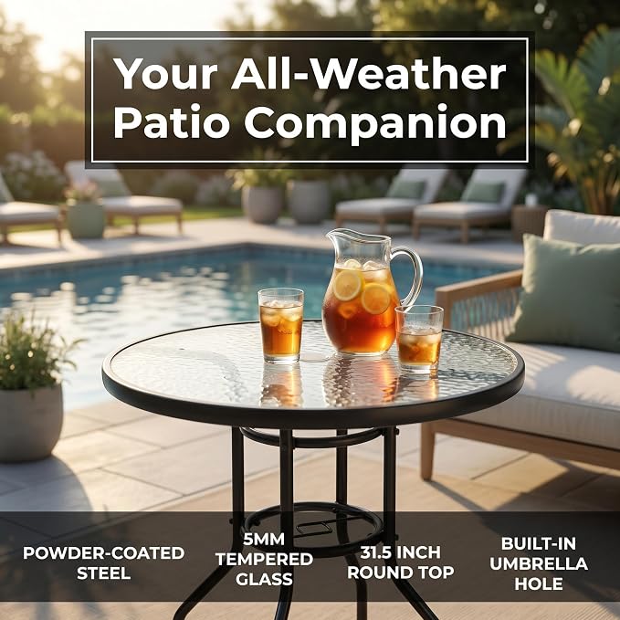 31.5" Round Outdoor Dining Table, Toughened Glass Patio Table with Umbrella Hole for Yard and Garden