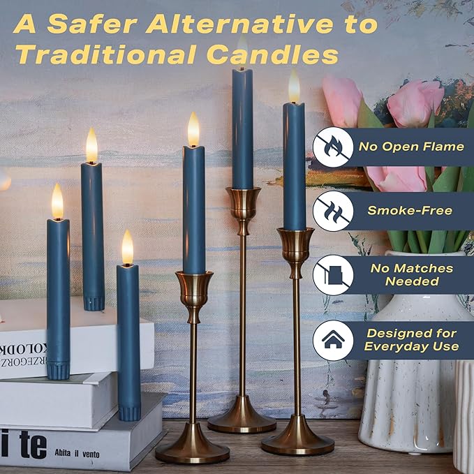 Blue Flameless Taper Candles with Remote, Short Battery Operated LED Candles, 6.4inch Flickering Flameless Candlesticks for Table Centerpiece, Wedding, Mantel, Window Decor, Set of 6