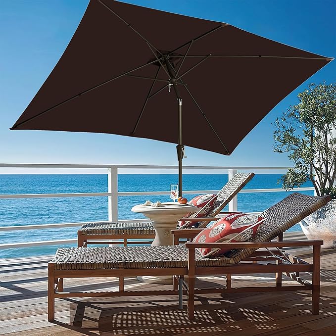 Ayge 6.5x10FT Rectangular Patio Umbrella Outdoor Table Umbrella w/Push Button Tilt & Crank Rectangle Market Umbrella UV Protection for Garden,Deck,Lawn,Yard & Pool,Brown