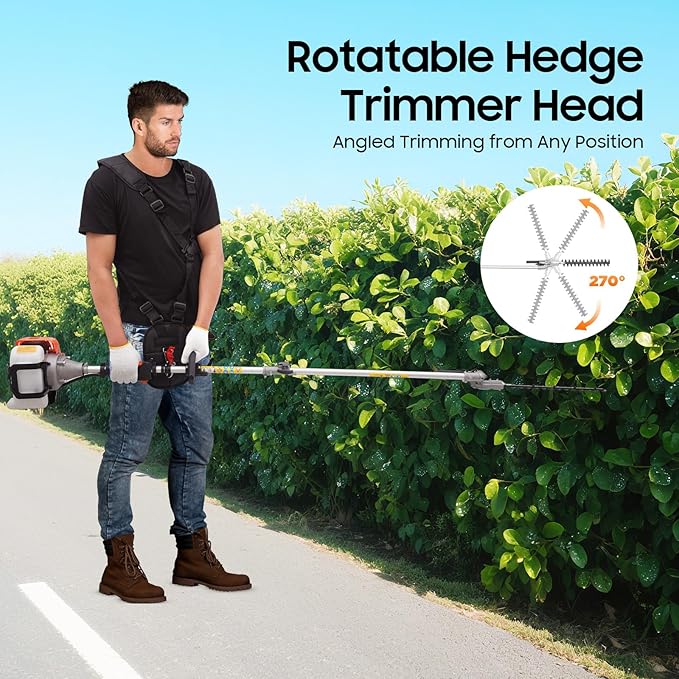 5-in-1 Gas Trimmer, 52cc 2-Cycle Gas Powered Weed Eater, Gas String Trimmer with Hedge Trimmer, Pole Saw, Brush Cutter, 3T & 40T Blades, 8500rpm, Multi-Trimming Tool for Yard Weeding and Hedge Pruning