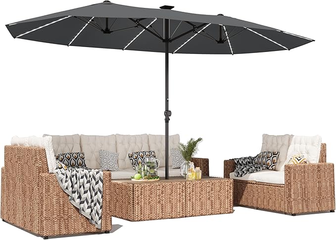 GDPFN 15ft Large Patio Umbrella with Solar Lights, Outdoor Double-Side Rectangular Umbrella, Backyard Pool Umbrella with LED Light for Deck, Outside, Market, Dark Gray (Base Not Include)