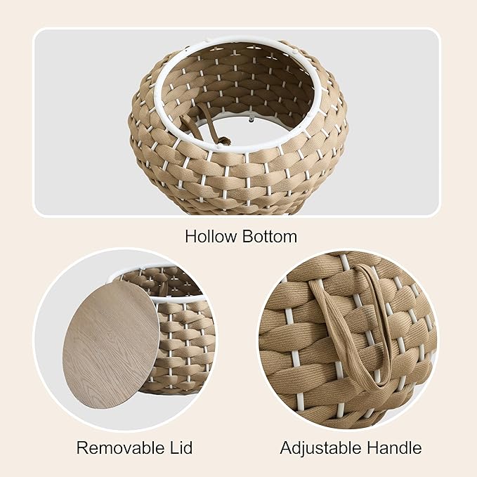 28 inch Outdoor Side Table, Large Patio End Table with Removable Lid Round Accent Side Tables with Metal Frame and Hollow Out Bottom for Patio, Balcony Porch, Poolside, Garden, Yard (Brown)