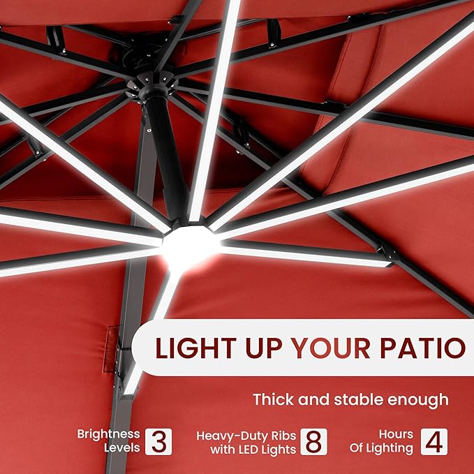 10 X 13 FT Cantilever Patio Umbrella with Led Lights and Base Included Outdoor Heavy Duty Double Top Rectangle Offset Umbrellas with 360-degree Rotation for Pool Deck Backyard, Wine Red
