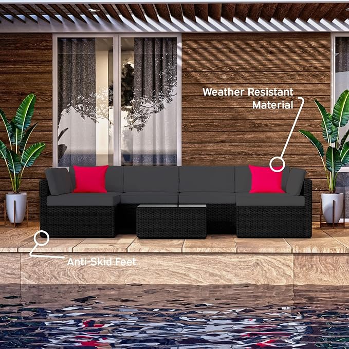 Nestl Outdoor Patio Furniture Sectional, Black Base/Charcoal Grey Cushions