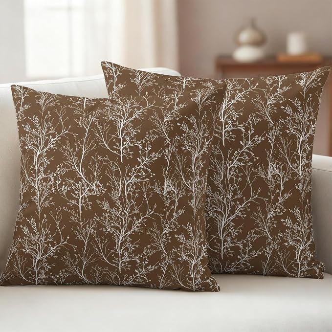 Brown Branches Waterproof Outdoor Pillow Covers Set of 2 Home Decor, Abstract Art Leaves Plant Pillowcase Patio Pillow Covers for Couch Bench Patio Furniture Garden 16x16in