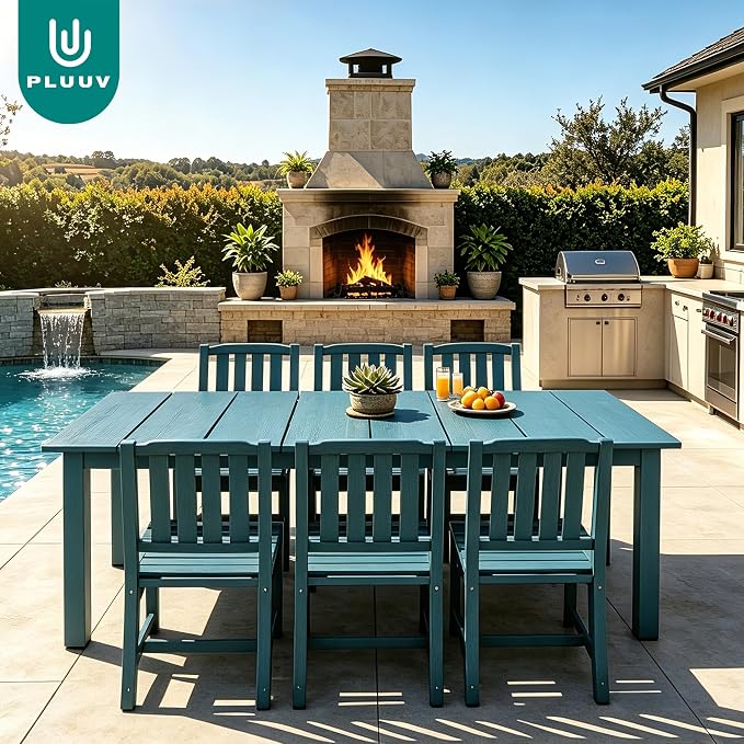 PLUUV 7-Piece Outdoor Dining Set – HDPE Patio Furniture with Umbrella Hole Table, Aluminum Legs, and 6 Armless Chairs, Weatherproof & Easy-Clean for Backyard, Garden, Navy Blue