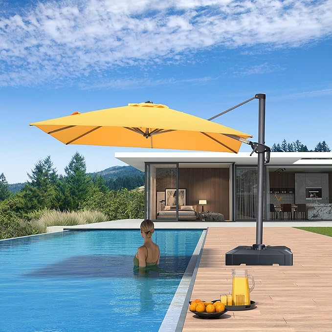 PURPLE LEAF 8' X 8' Patio Umbrella with Base for Pool 7' High Offset Outdoor Cantilever Umbrella Swimming Pool Umbrella with 360°Rotation for Poolside Yellow