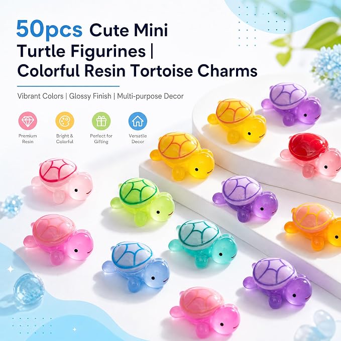 50 Pcs Small Glow in The Dark 3D Resin Turtles Miniatures | Garden Figurines, DIY Dollhouse Fish Tank Fridge Wall Art Accessories, Safe Durable Non Fading, 10 Colors