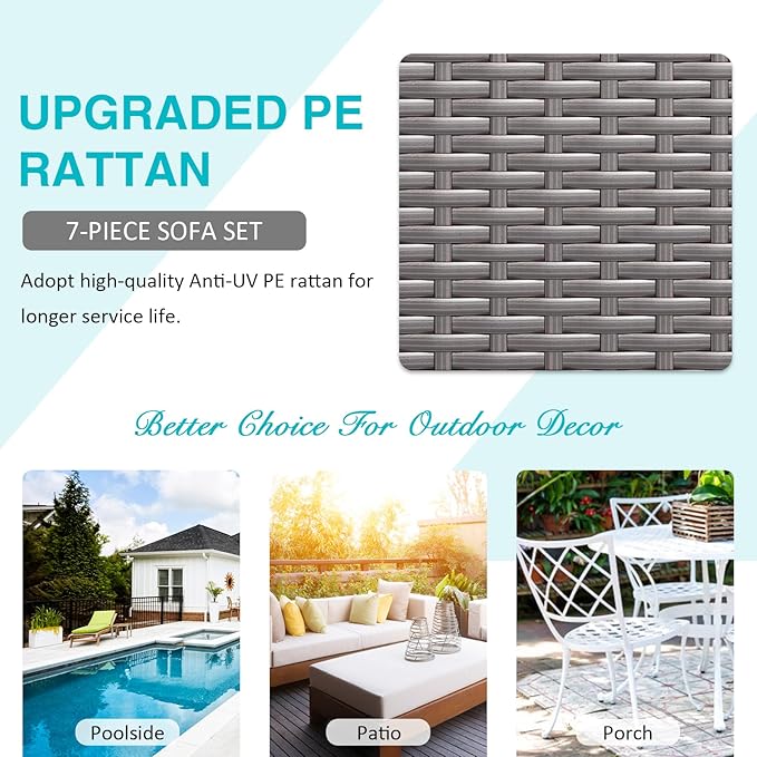 7 PCs Patio Furniture Sets, PE Rattan Wicker Outdoor Sofa, (Sectional Conversation Set with Tea Table and Cushion)
