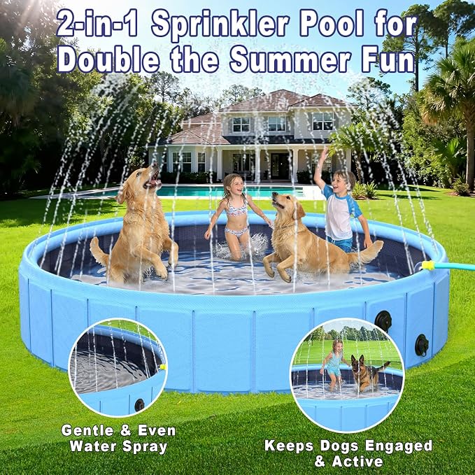 Foldable Dog Pool with Sprinkler, 87 in Extra Large Dog Swimming Pool, 2-in-1 Outdoor Collapsible Pet Bathing Tub for Pets Dogs Cats and Kids