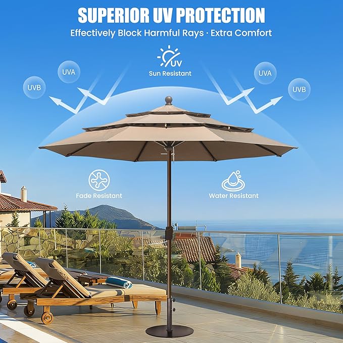 EliteShade USA 10-Year-Non-Fading 11ft 3-Tier Market Patio Umbrella, Commercial Grade Outdoor Table Umbrella with Crank Open, Windproof & UPF 50+ UV Protection, Heavy Duty Ventilation for Garden, Deck, Pool, Backyard, Beach & Bistro, No Tilt, Heather B...