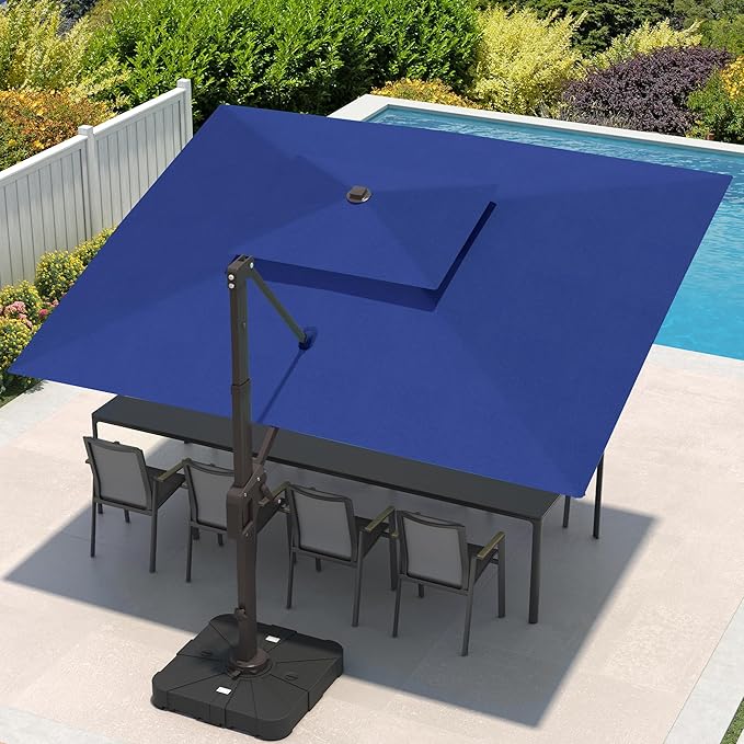 9x12 FT Cantilever Patio Umbrella with Base and Led Lights Double Top Outdoor Rectangular Large Heavy Duty Aluminum Offset Umbrellas with 7 Level Tilt 360-degree Rotation for Pool Garden Deck, Navy