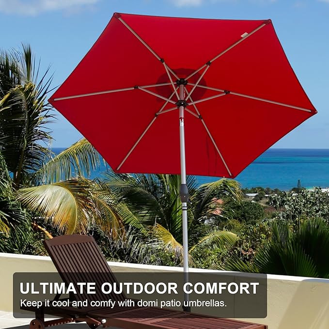 Domi 7.5FT Patio Umbrella Outdoor Market Umbrella with Silver Aluminum Pole, UV Resistant Canopy, Wind Vent, Tilt & Crank System, Perfect for Patio, Garden, Deck, Pool, Outdoor Dining, Red