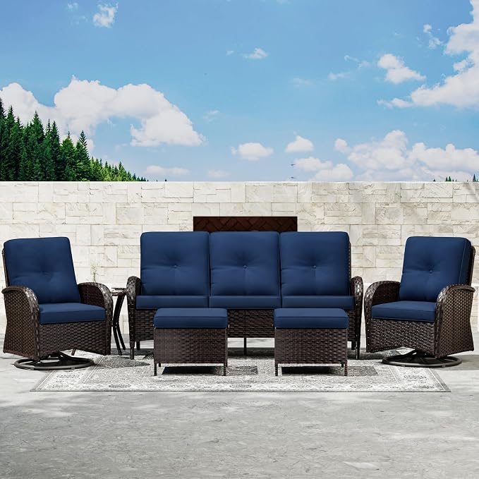 Joyside Wicker Patio Furniture Set, 6 Piece Outdoor Furniture Set with Thickened Cushions, High Back, Deep Seating, Wide Armrest, Outdoor Swivel Rocker Chairs for Porch, Deck