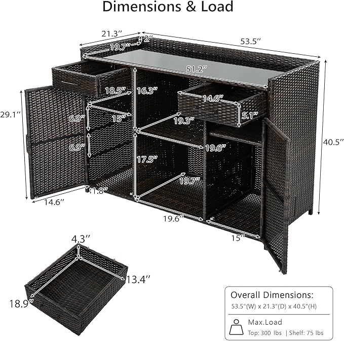 RUNNA 53.5" W Outdoor Wicker Storage Cabinet with Fridge Space,Weatherproof Outdoor Mini Fridge Bar Cabinet with Adjustable Shelves & Drawers for Pool Towel Storage,Garden,Kitchen (Black+Brown#64)