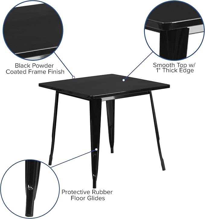 Merrick Lane Nash Indoor-Outdoor Dining Table Only- Black Powder Coated Finish - 31.5" Square Top - 27.25" Wide Base - Bracing for Added Stability